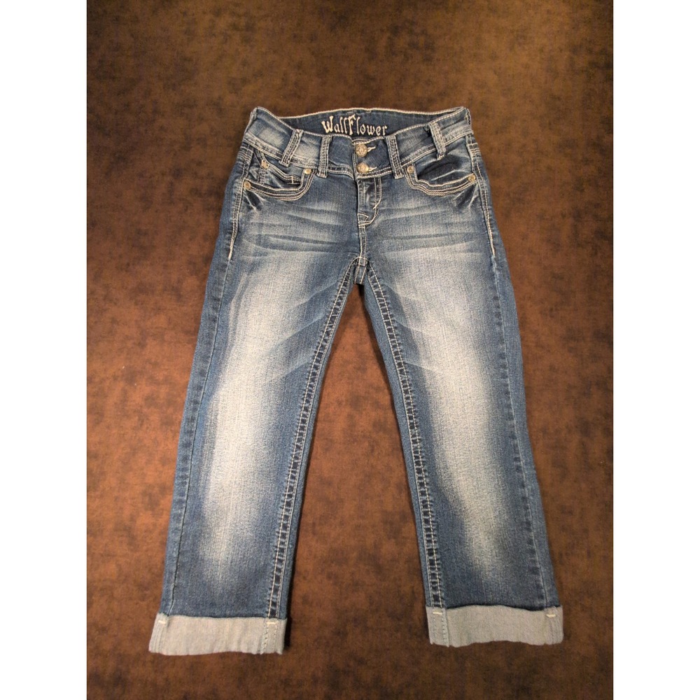 WallFlower‎ Womens Acid Fade Stretch Cuffed Capri Jeans Blue Size 28